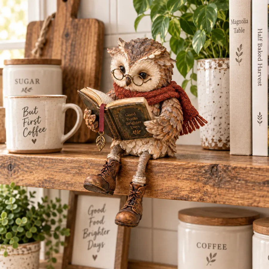 ๐ฆ Reading Owl Figurine โ Whimsical Bookish Shelf Sitter With Glasses & Dangling Boots