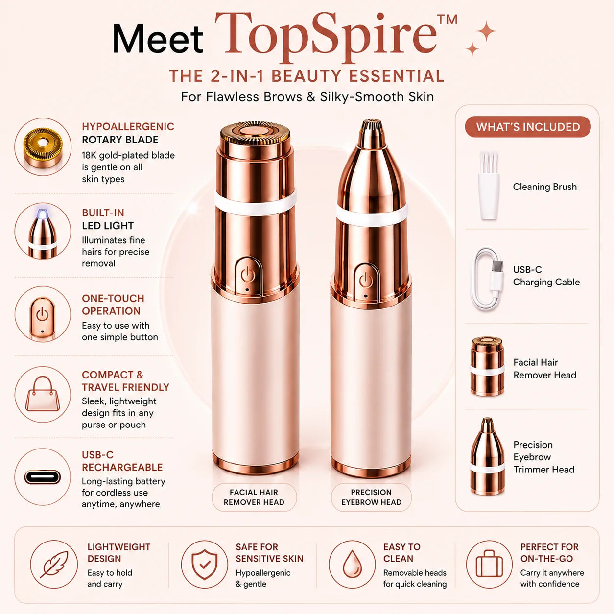 TopSpire – 2-in-1 Eyebrow & Facial Hair Trimmer