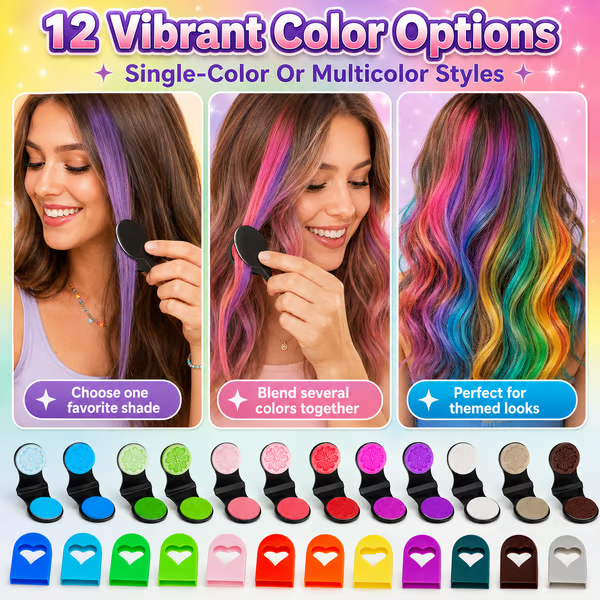 🌈 12-Color Washable Hair Chalk Styling Applicator Set | Vibrant Buildable Shades in Easy Clamp-On Applicators for Highlights, Streaks & Costume Looks ✨