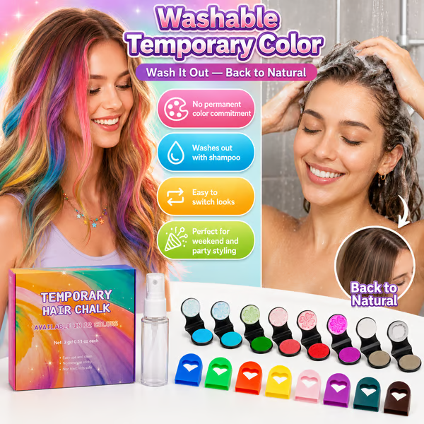 🌈 12-Color Washable Hair Chalk Styling Applicator Set | Vibrant Buildable Shades in Easy Clamp-On Applicators for Highlights, Streaks & Costume Looks ✨