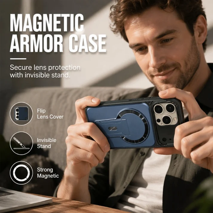 ✨ One Case, Three Upgrades – Magnetic, Flip Lens Cover & No-Bulk Stand. Fits iPhone 13-17.