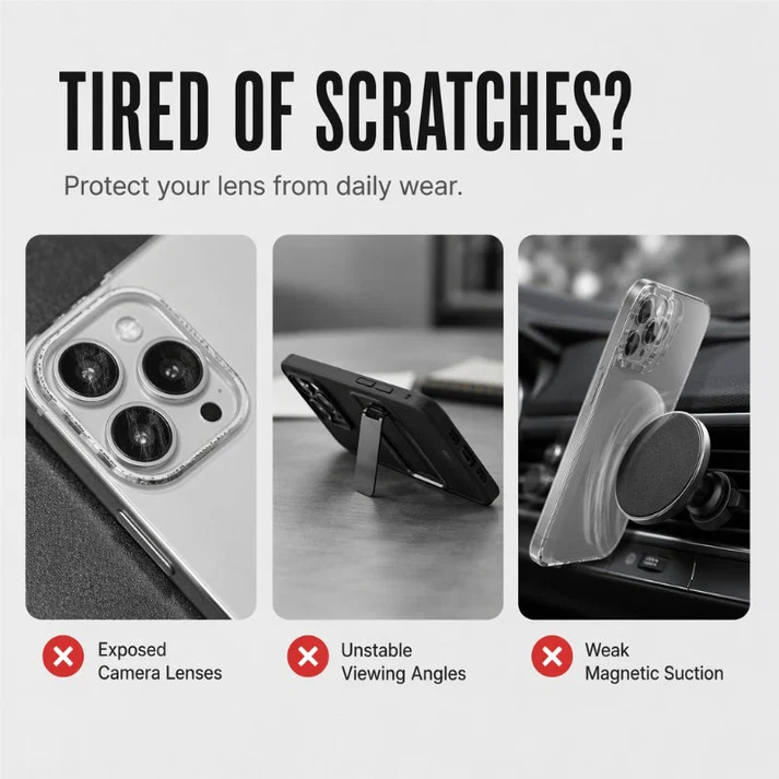 ✨ One Case, Three Upgrades – Magnetic, Flip Lens Cover & No-Bulk Stand. Fits iPhone 13-17.