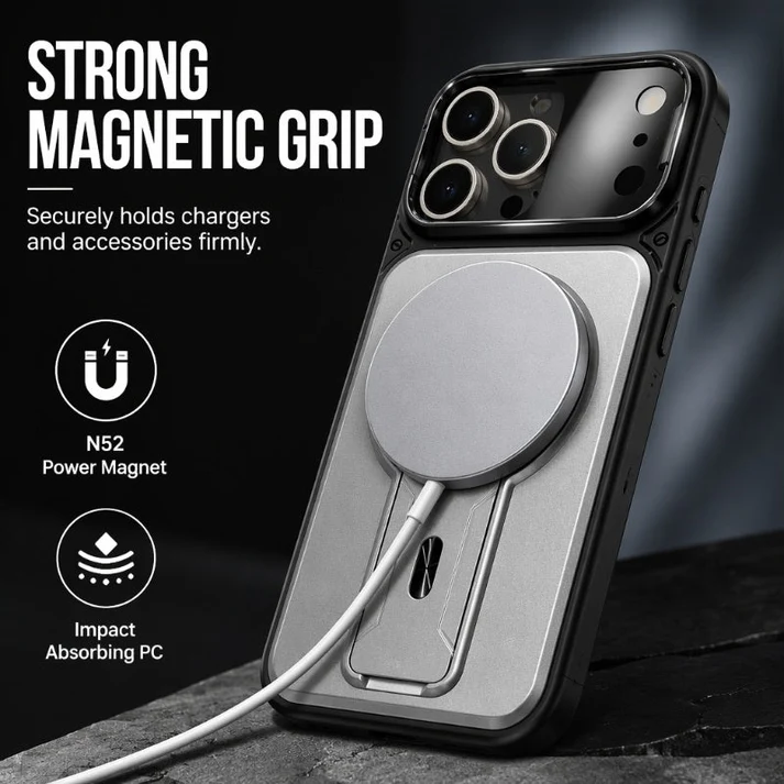 ✨ One Case, Three Upgrades – Magnetic, Flip Lens Cover & No-Bulk Stand. Fits iPhone 13-17.