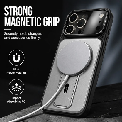 ✨ One Case, Three Upgrades – Magnetic, Flip Lens Cover & No-Bulk Stand. Fits iPhone 13-17.