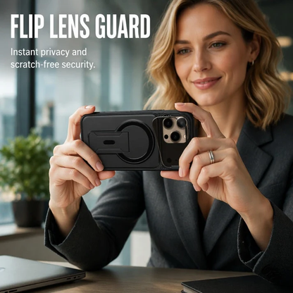 ✨ One Case, Three Upgrades – Magnetic, Flip Lens Cover & No-Bulk Stand. Fits iPhone 13-17.