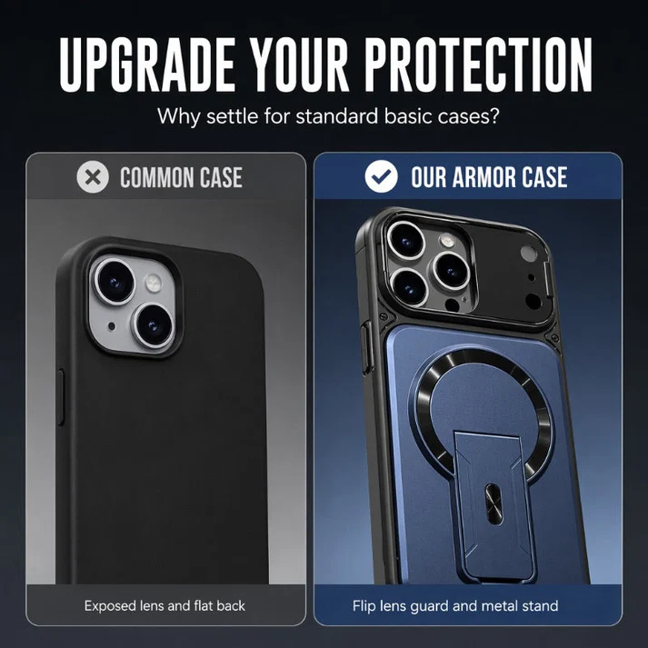 ✨ One Case, Three Upgrades – Magnetic, Flip Lens Cover & No-Bulk Stand. Fits iPhone 13-17.