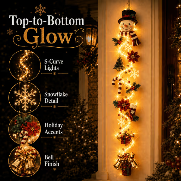 🎄MerryCascade™ Glowing Christmas Door Hanger | 6 Festive Lighted Designs with Warm Glow, Dimensional Details & Space-Saving Vertical Décor ✨