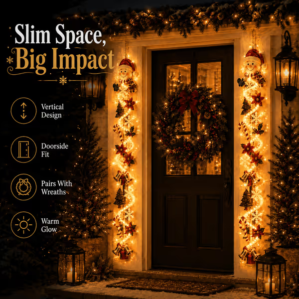 🎄MerryCascade™ Glowing Christmas Door Hanger | 6 Festive Lighted Designs with Warm Glow, Dimensional Details & Space-Saving Vertical Décor ✨