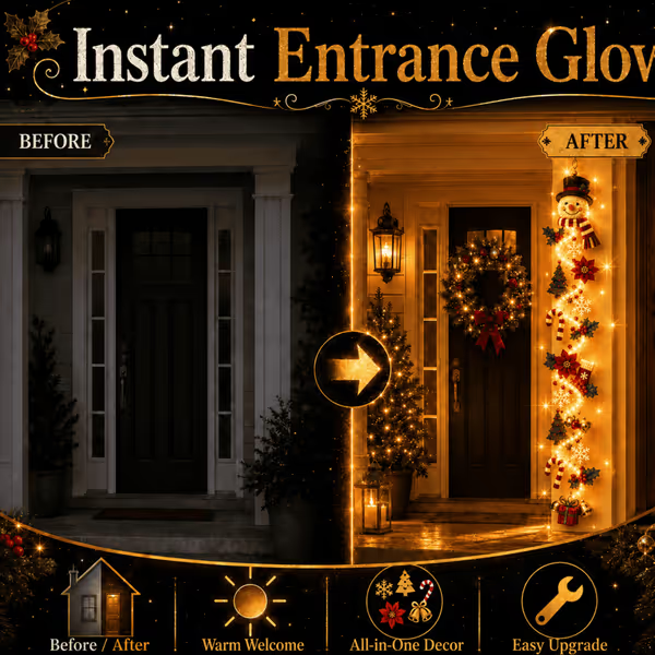 🎄MerryCascade™ Glowing Christmas Door Hanger | 6 Festive Lighted Designs with Warm Glow, Dimensional Details & Space-Saving Vertical Décor ✨