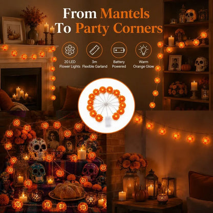 Marigold LED Memorial String Lights – 20 Glowing Flowers for Ofrendas & Remembrance