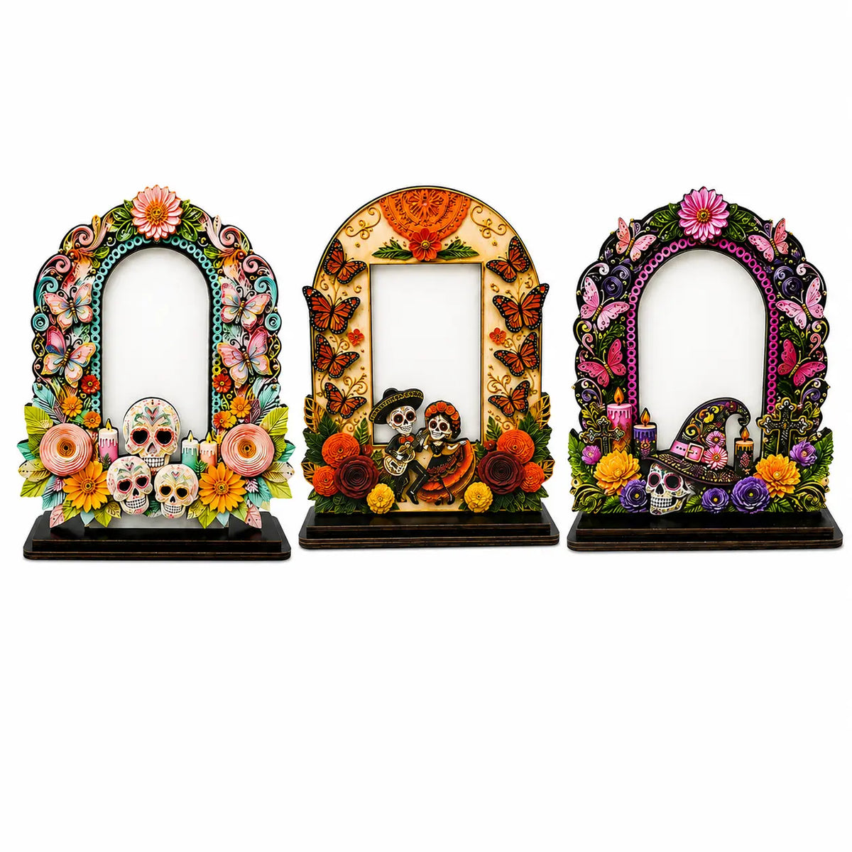 💀 DAY OF THE DEAD DECOR | 6 Wooden Memorial Photo Frames – Colorful Ofrenda Picture Frame Set with Floral Details