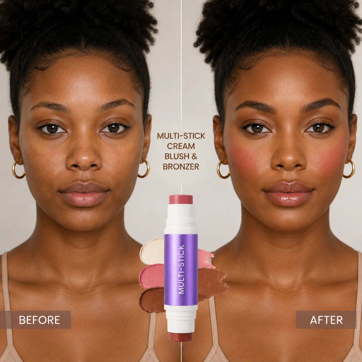 Multi-stick makeup before and after result on deep skin tone
