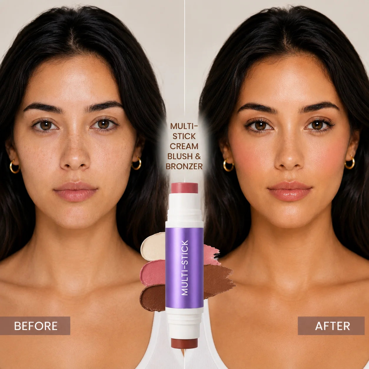Multi-stick makeup before and after result on model
